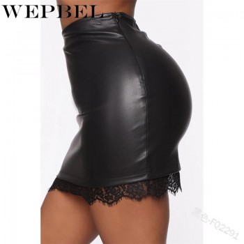 Women's Casual Tight Skirt Fashion Sexy PU Leather Lace Patchwork Slim Pencil Skirt